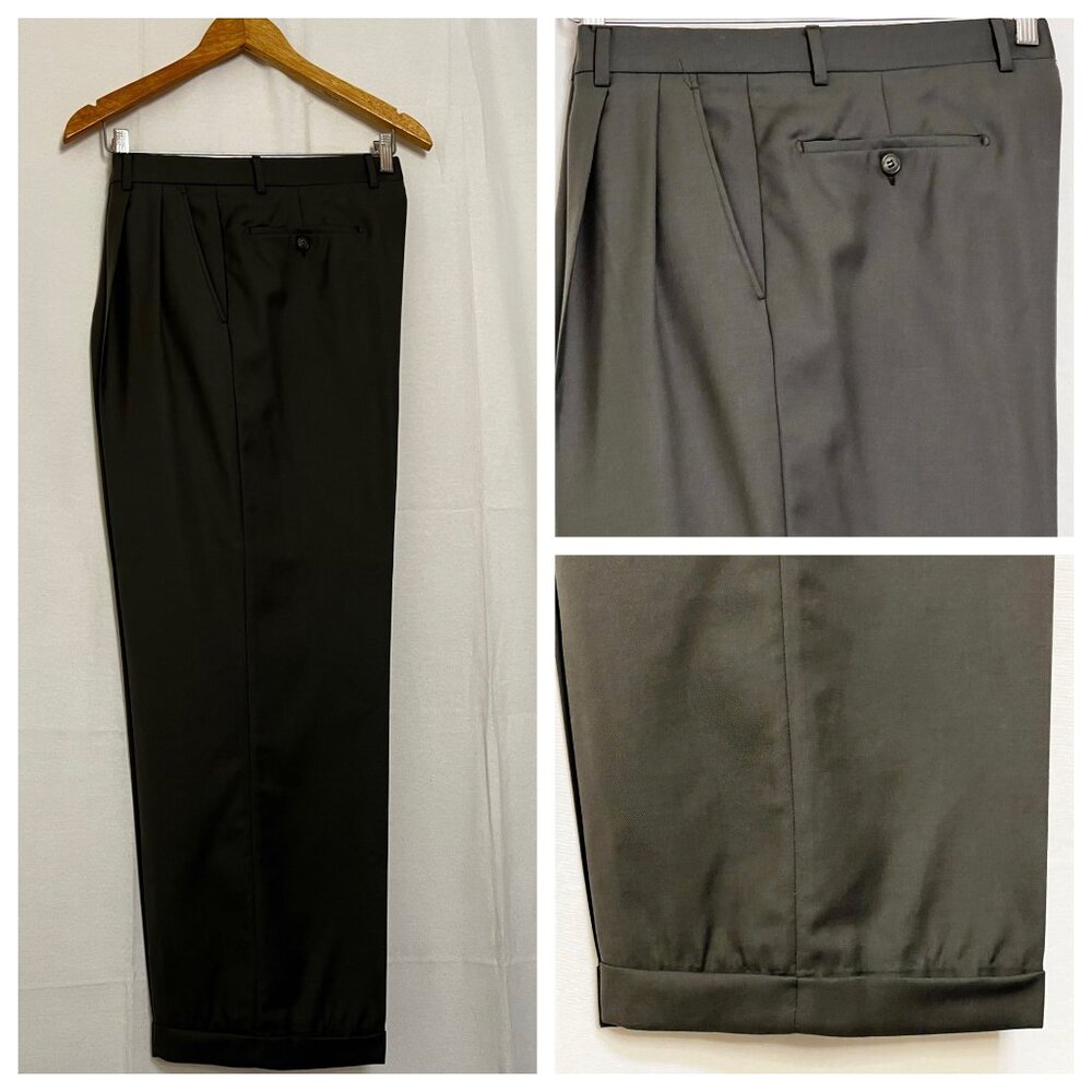 Savile Row Co. London 33R Black 100% Wool Pleated Cuff Dress Pants Preppy Formal - Picture 5 of 16